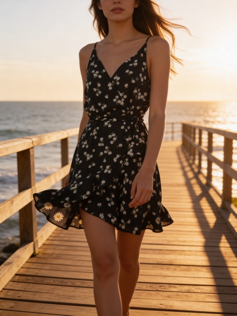 NWT Altar’d State Black Daisy Floral Ruffle Mini Dress Tie Waist Size Large - Picture 2 of 16